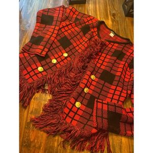 Venus Cardigan Red Black Plaid Fringe Gold Button Knit Sweater Woman's Large